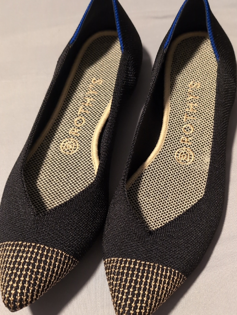 Rothy's Black Knit Pointed Flats with Gold-Tone Tweed Cap